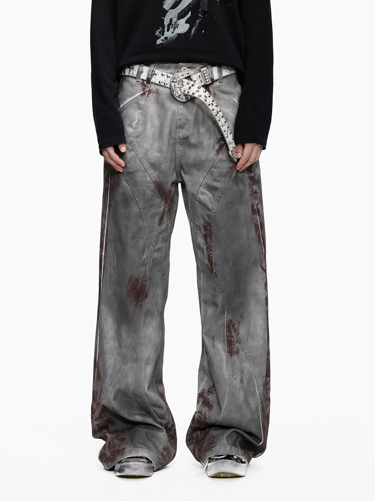 Blood Wash Distressed Flared Denim Jeans