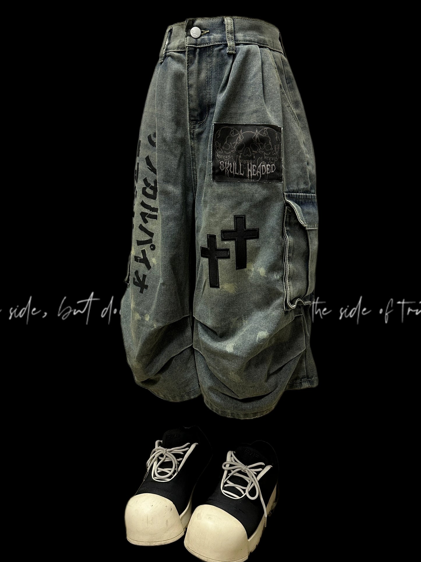 【25s Aug.】Distressed Patchwork Wide-Leg Jeans in Dark Aesthetic