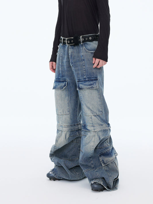 【25s Aug.】Washed Detachable Multi-Pocket Wide-Leg Jeans