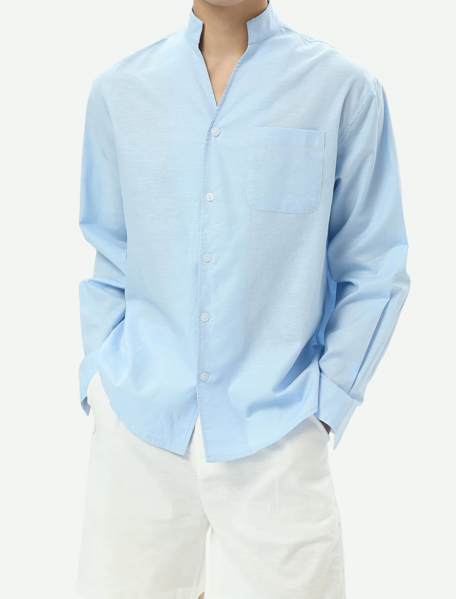 Stand Collar Linen Clean Fit Shirt