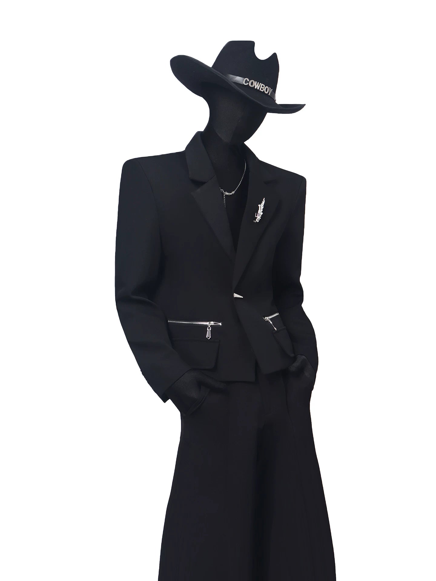 【26s May.】Cropped Metal Brooch Shoulder Blazer + Pants