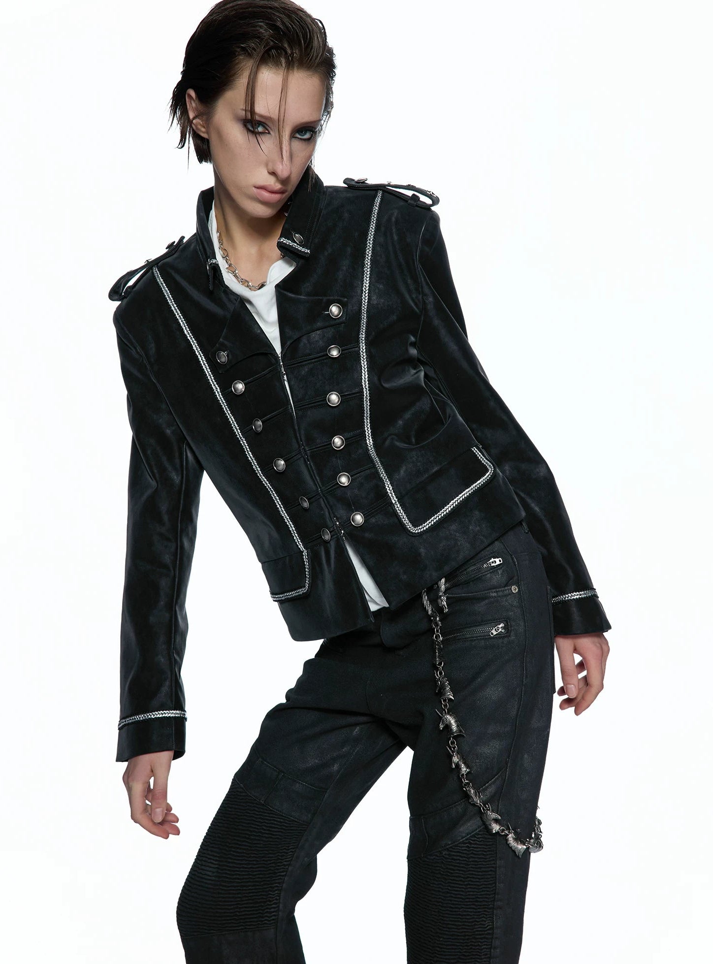 Silver Black Matte Leather Double-Breasted Structured Jacket