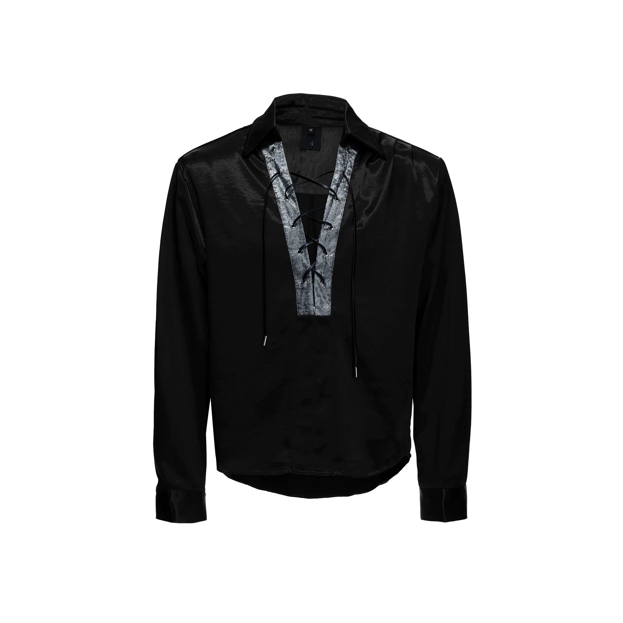 Contrast Lace-Up Satin V-Neck Shirt