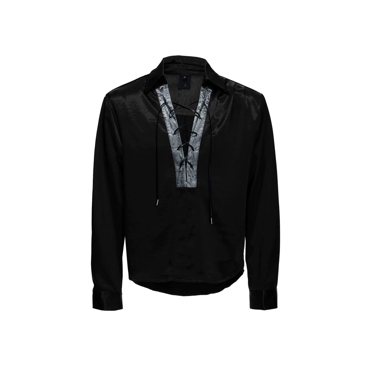 Contrast Lace-Up Satin V-Neck Shirt