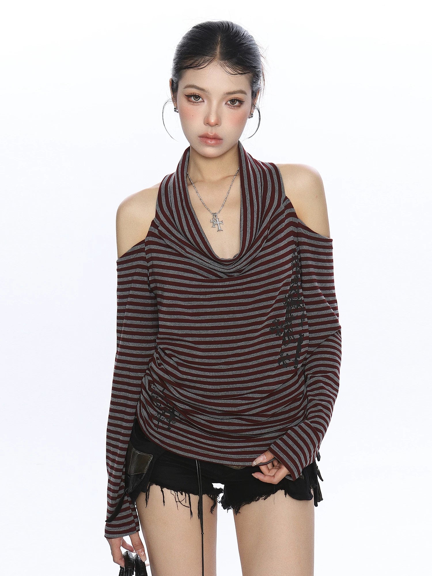 【26s May】Cross Stripe Halter Draped Long Sleeve Top
