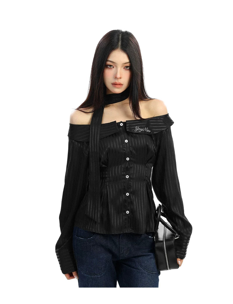 【26s Feb.】Korean Striped Off-Shoulder Waist-Fit Long-Sleeve Shirt