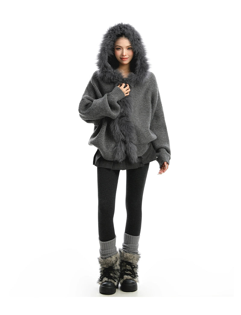 【25s Nov.】Large Fur Collar Patchwork Hooded Knit Sweater