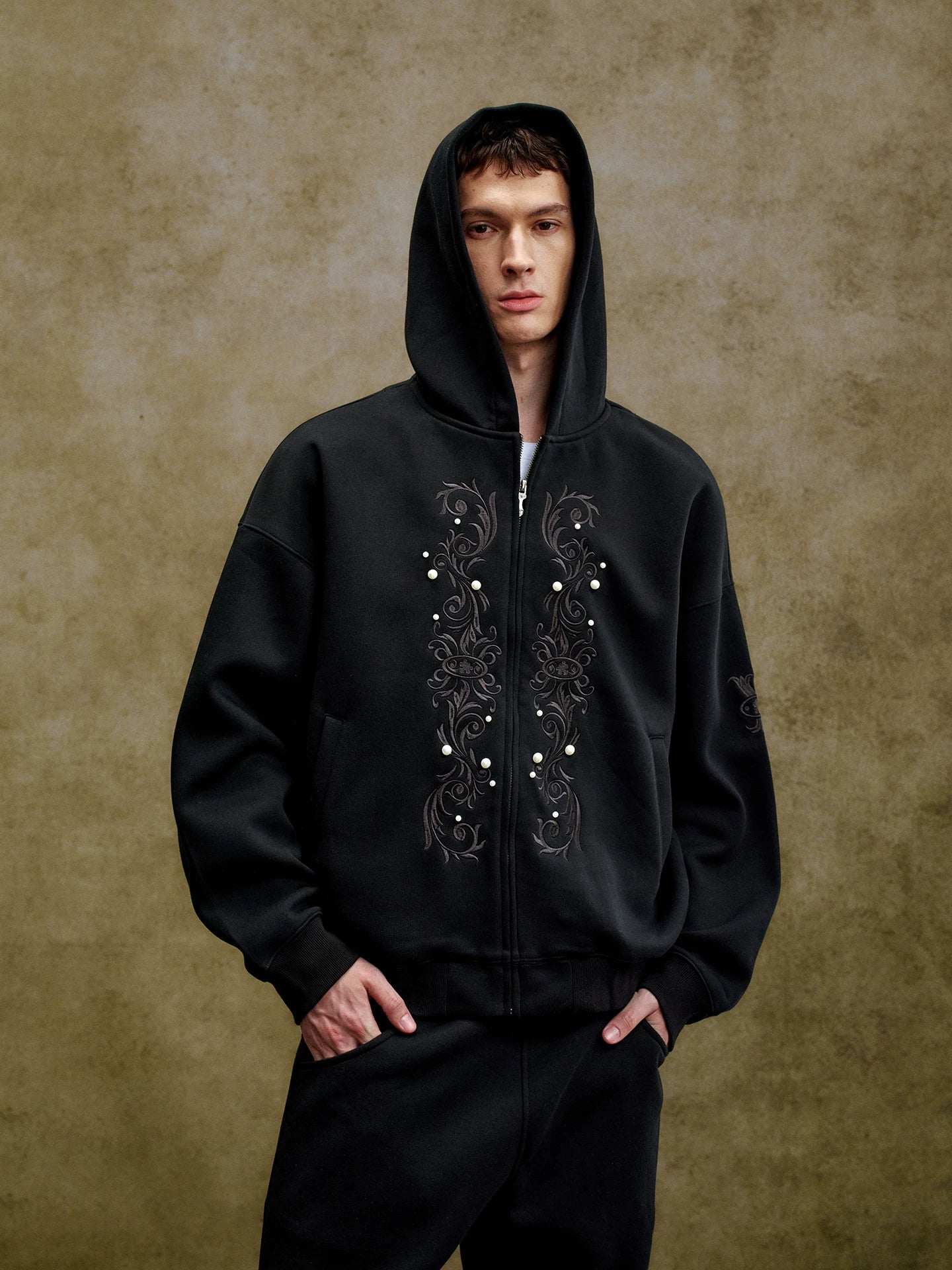 Vintage Embroidered Pearl Zip Hoodie