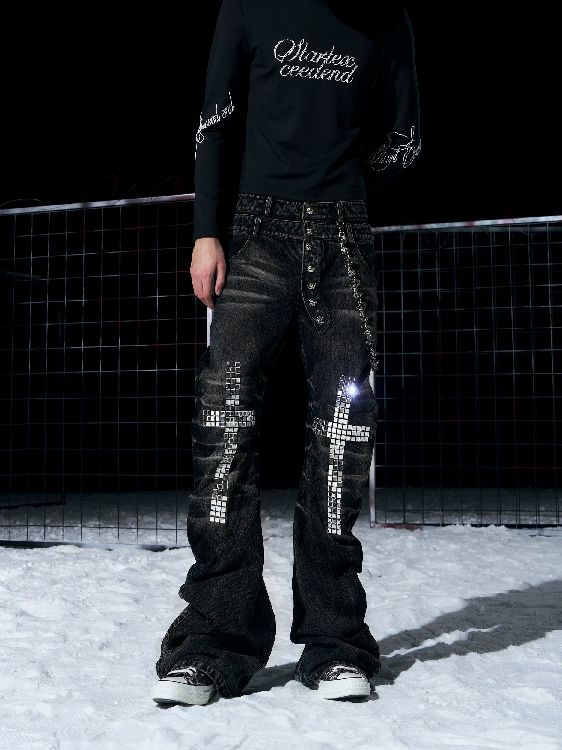 【26s Jan.】Rhinestone Cross Double-waisted Flared Jeans