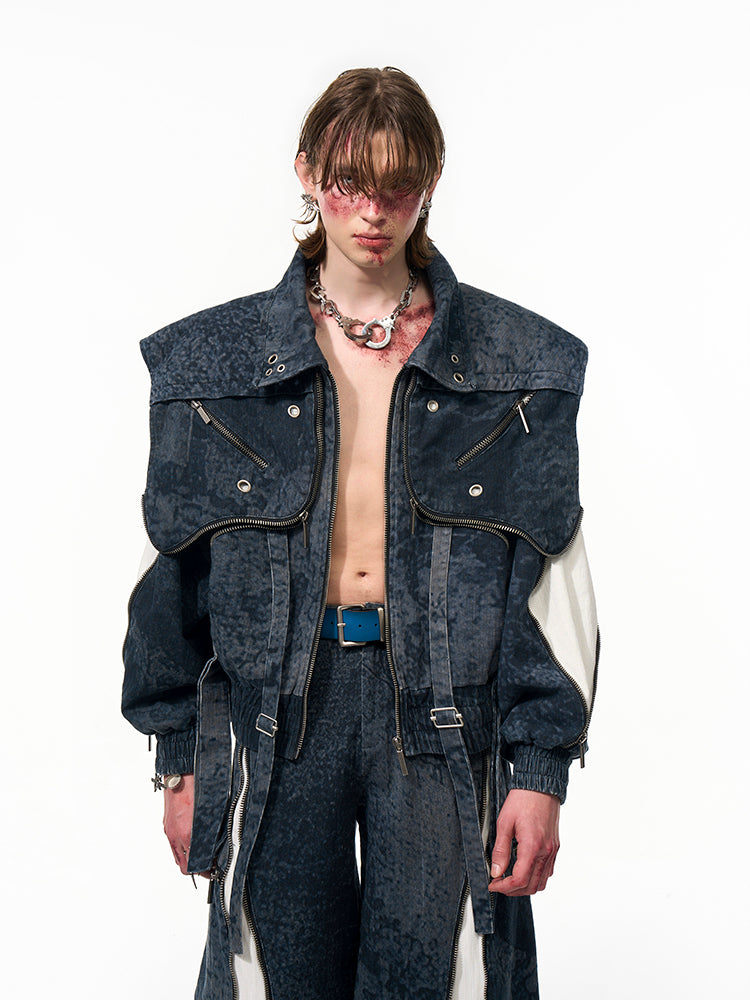 【25s Apr.】Faux Two-piece Design Zippered Denim Jacket+Pants