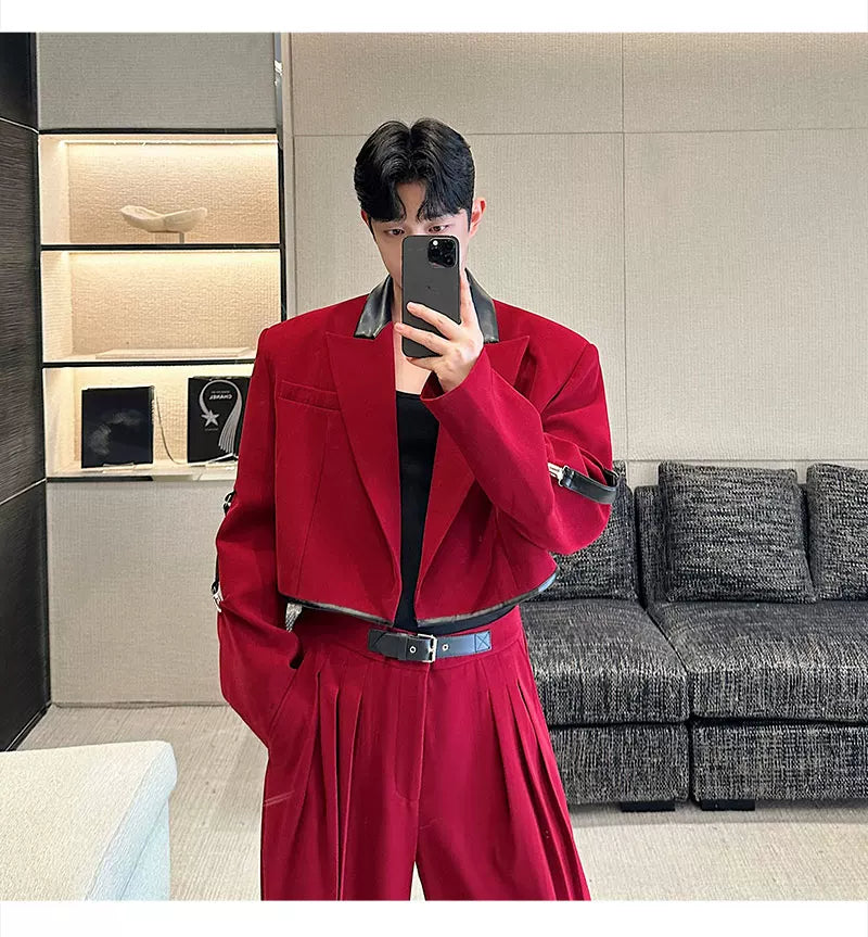 【26s Apr.】Color-Block Faux Leather Blazer & Wide-Leg Pants Set
