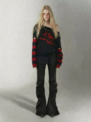 Wing-print Pleated Slim-fit High-stretch Jeans