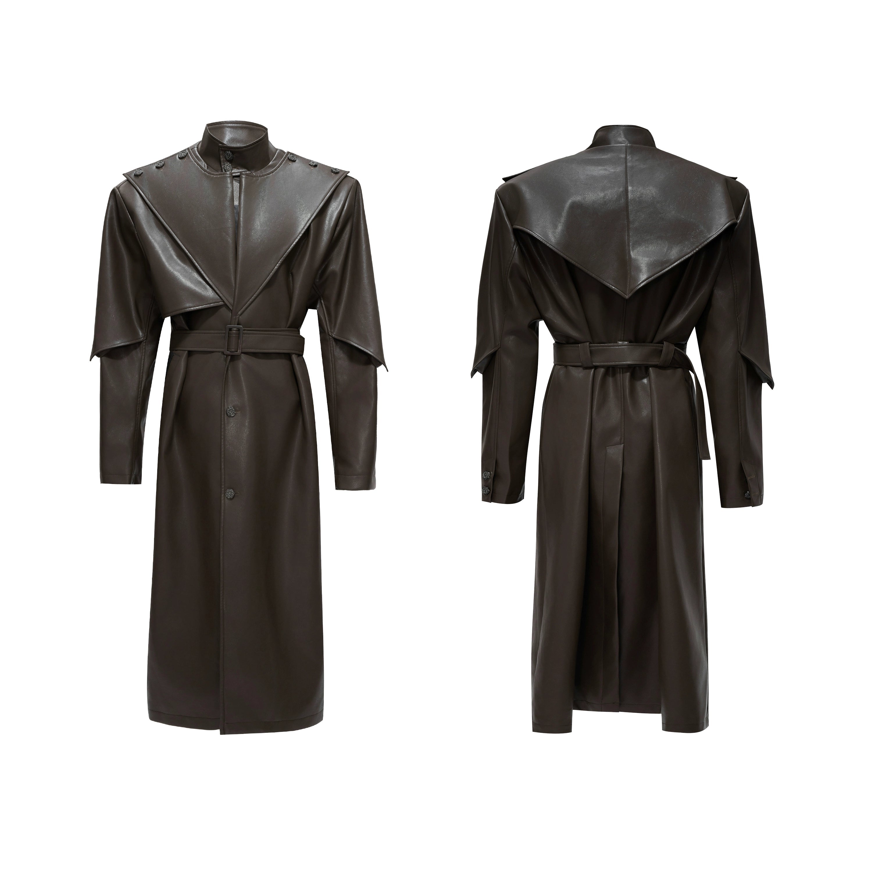 【25s Nov.】Deconstructed Stand-up Collar Copper Coin Button Leather Trench Coat