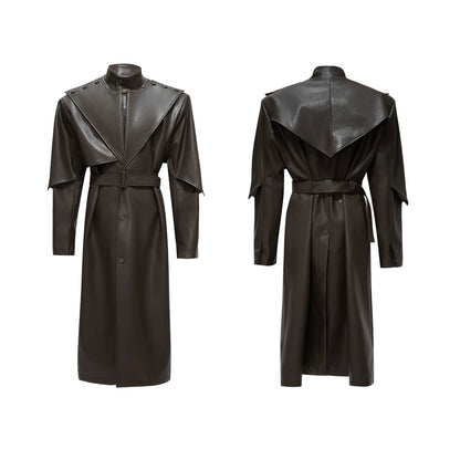 【25s Nov.】Deconstructed Stand-up Collar Copper Coin Button Leather Trench Coat