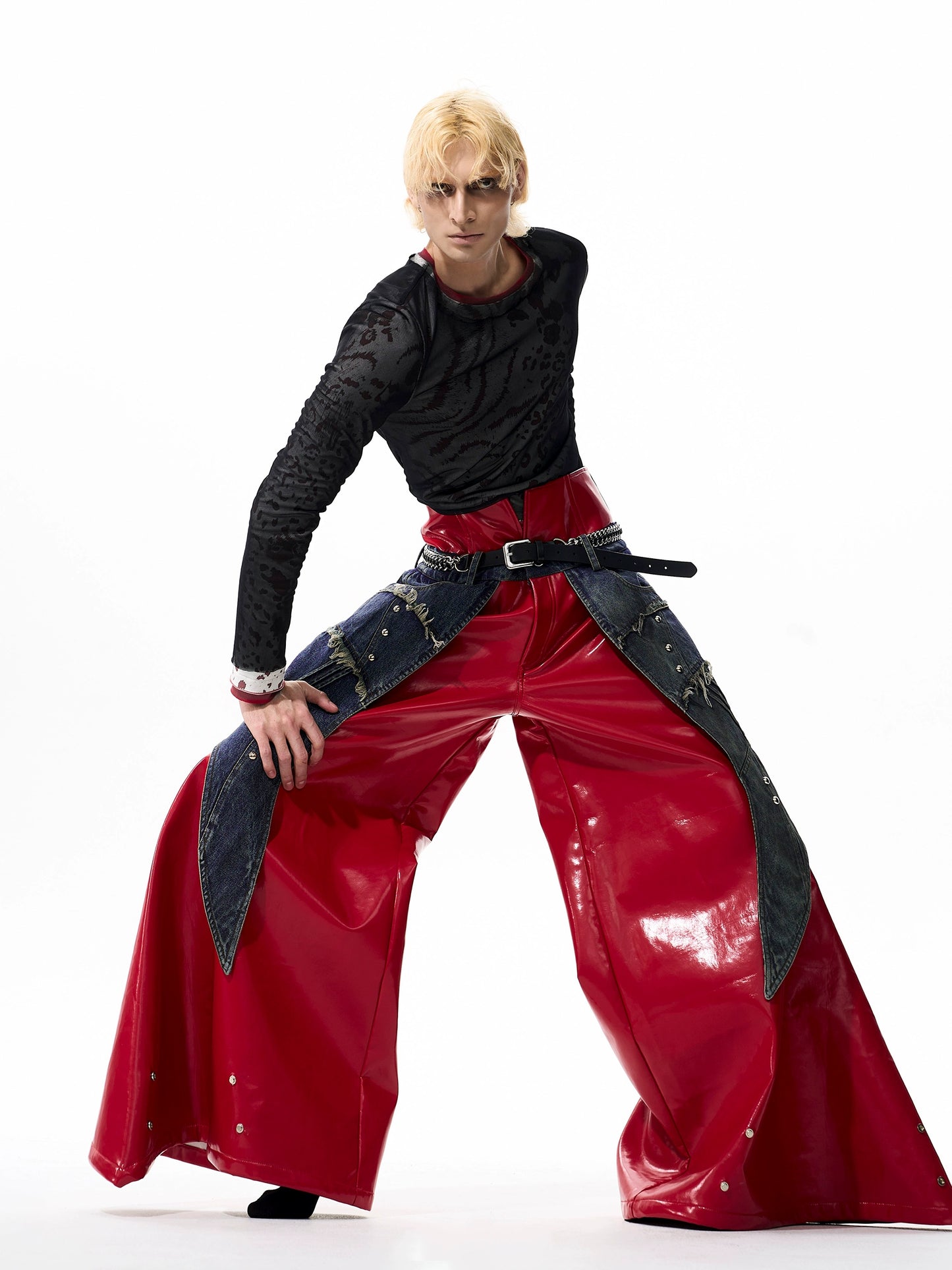【25s Oct.】Denim Patchwork Red Leather Jacket/Double Waist Leather Pants
