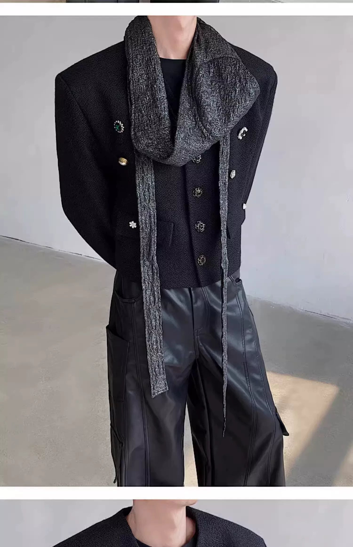Black Collarless Button-Detail Cropped Jacket