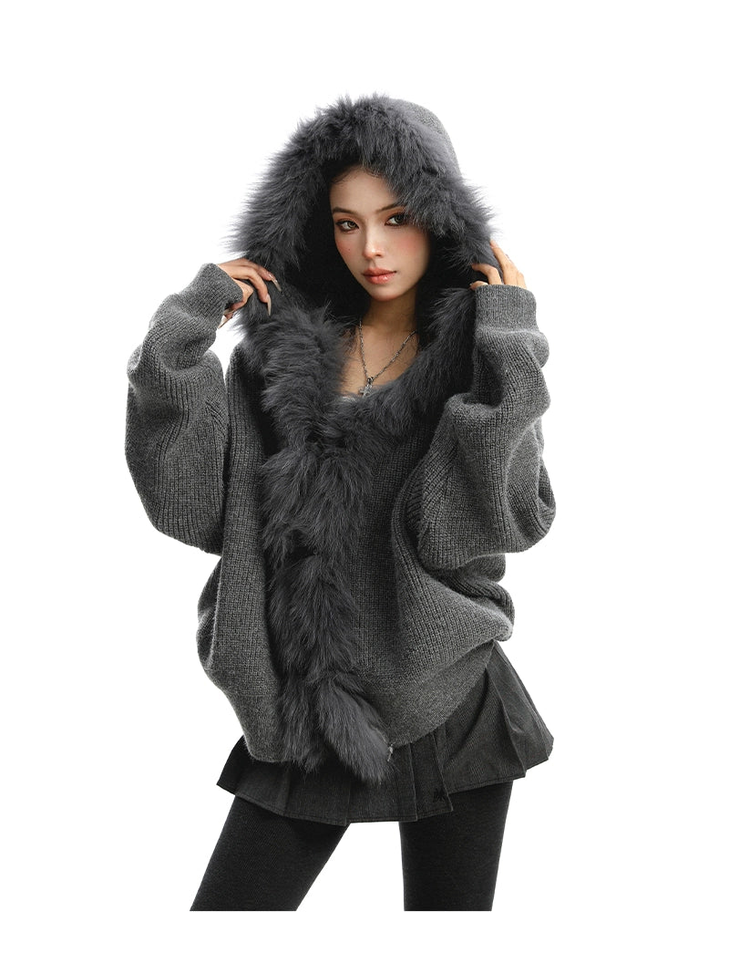 【25s Nov.】Large Fur Collar Patchwork Hooded Knit Sweater