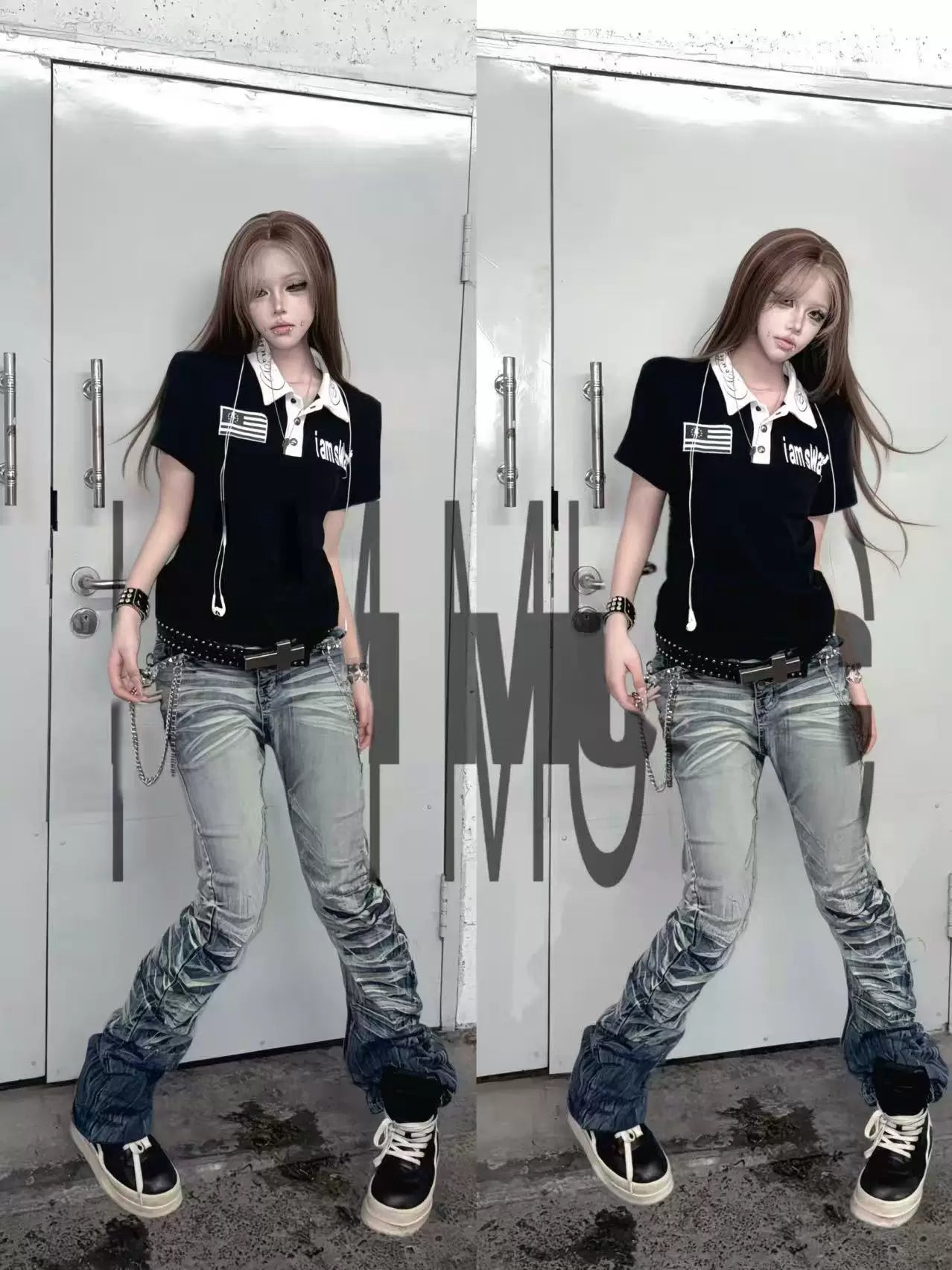 Ice Blue Studded Curved Skinny Jeans