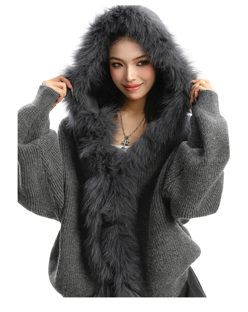 【25s Nov.】Large Fur Collar Patchwork Hooded Knit Sweater