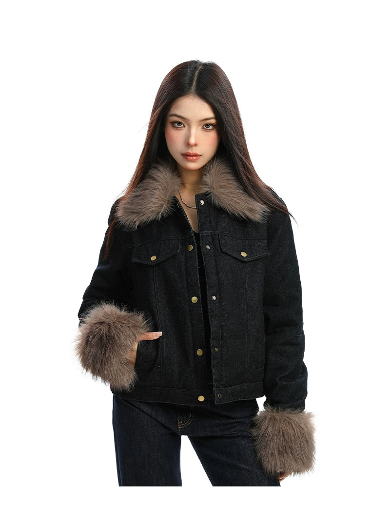 【25s Dec.】Fur-trimmed Denim Cotton Jacket
