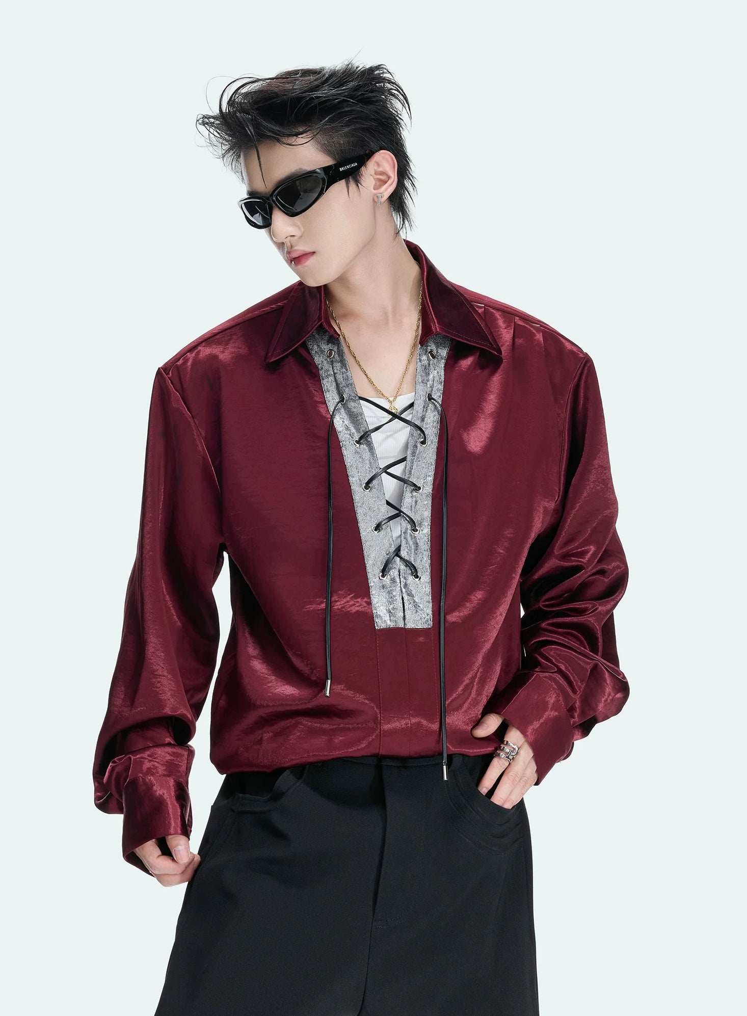 Contrast Lace-Up Satin V-Neck Shirt