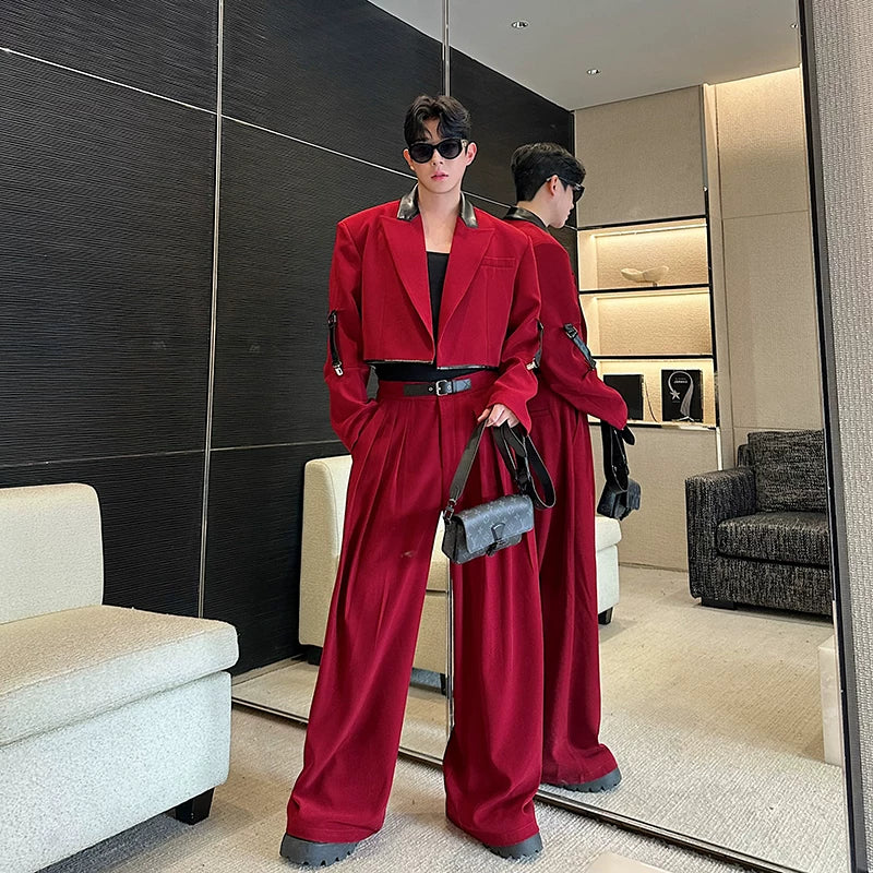 【26s Apr.】Color-Block Faux Leather Blazer & Wide-Leg Pants Set