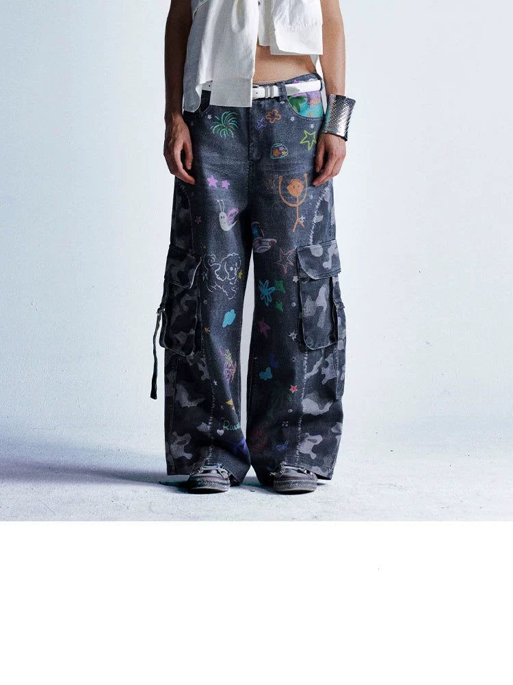 【25s Aug.】Vintage Cartoon Graffiti Camouflage Patchwork Jeans