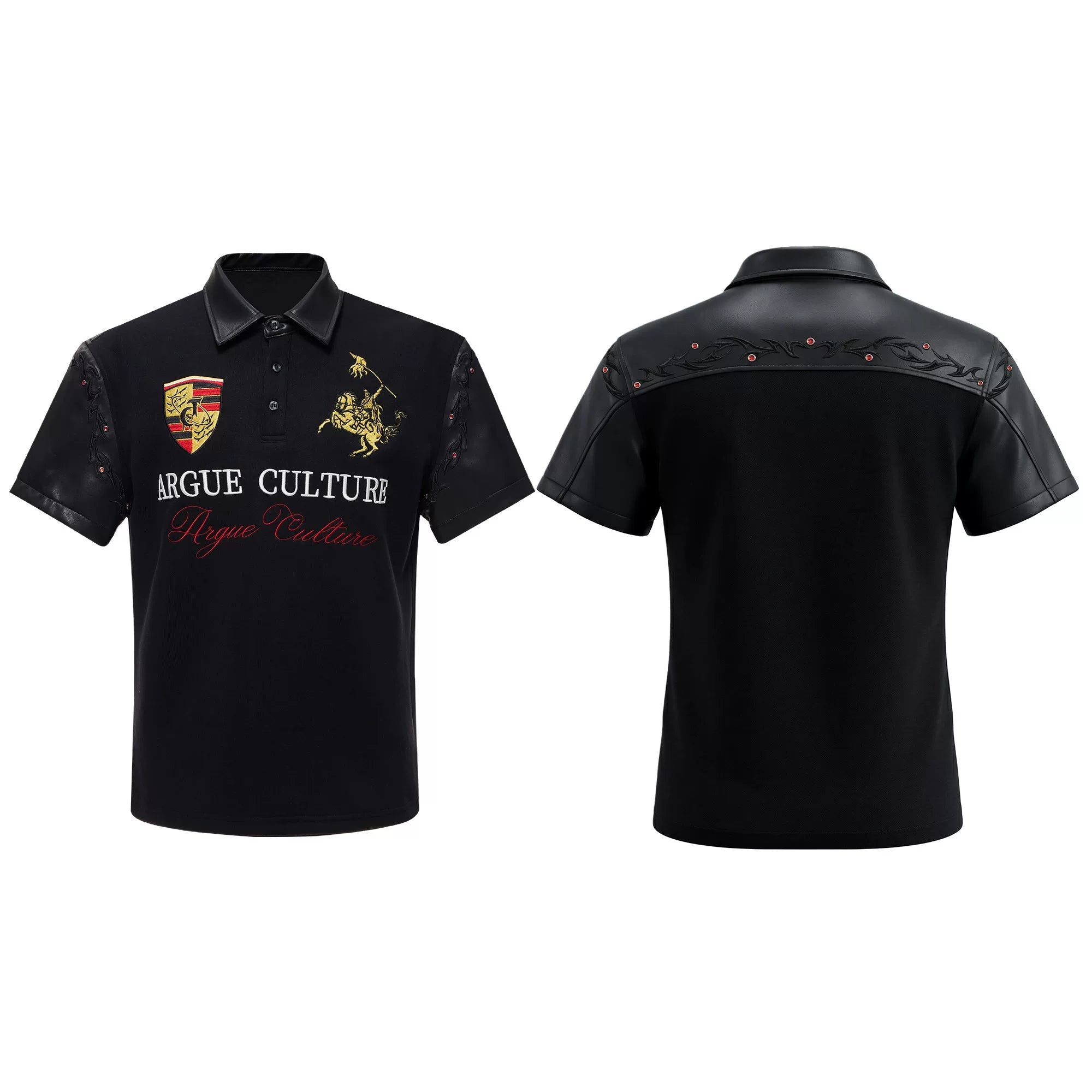 Leather Panel Studded Polo Tee