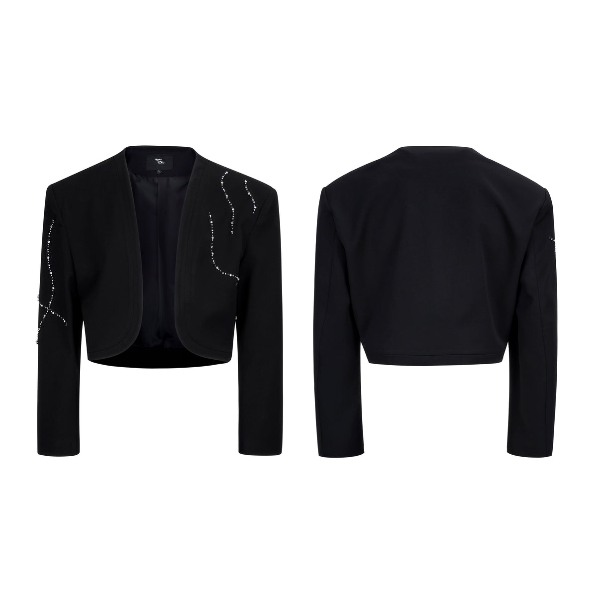 【25s Sep.】Short Rhinestone Collarless Jacket with Padded Shoulders / Trousers