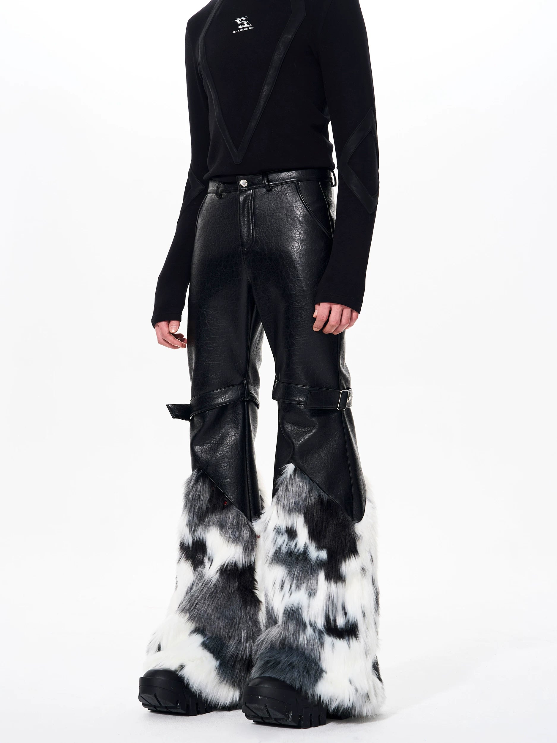 【26s Feb.】Fur-Panel Deconstructed Slight Flare Leather Pants
