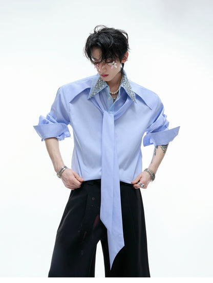 【25s Aug.】Diamond-embellished Ribbon-trimmed Shirt