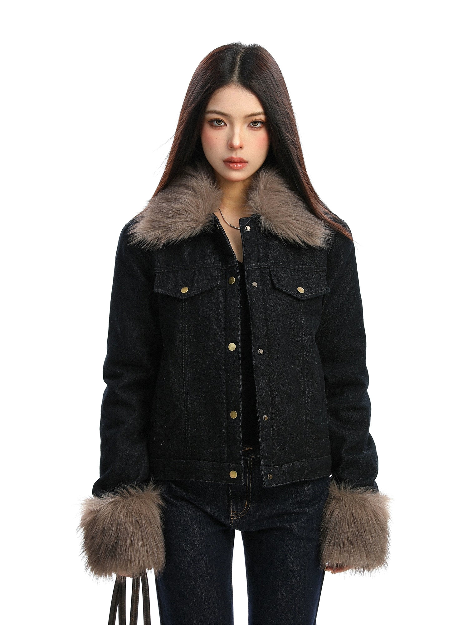 【25s Dec.】Fur-trimmed Denim Cotton Jacket