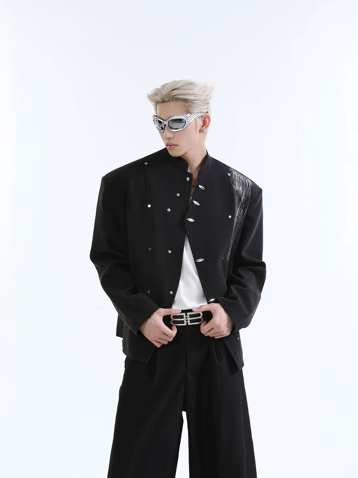 【26s Jan.】Ink-Splashed Stand Collar Metal-Detail Blazer Jacket