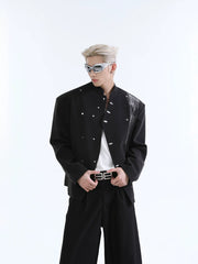 【26s Jan.】Ink-Splashed Stand Collar Metal-Detail Blazer Jacket
