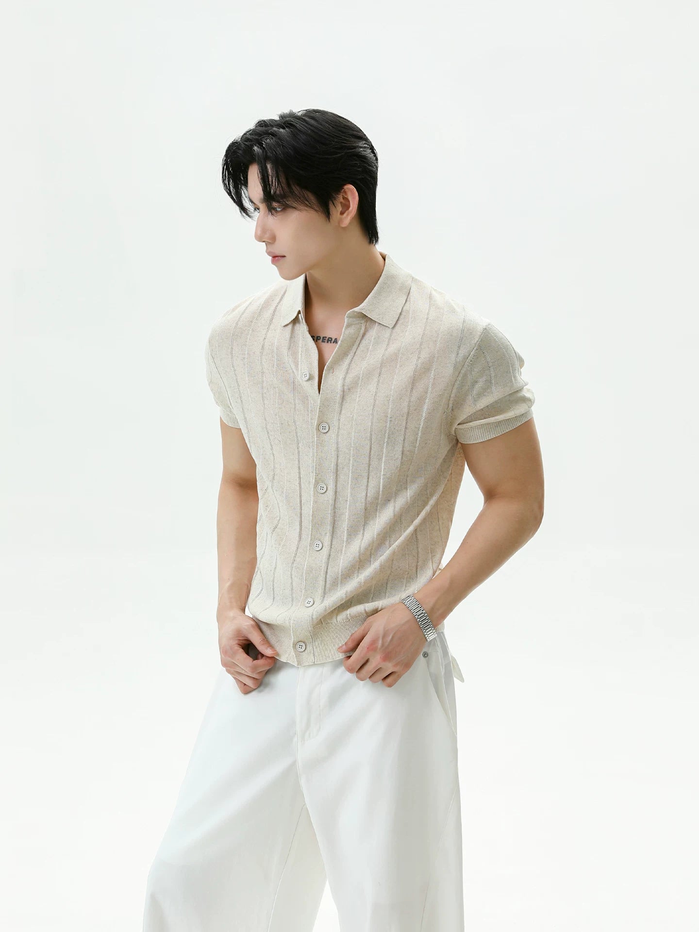 Ribbed Lyocell Knit Polo Cardigan