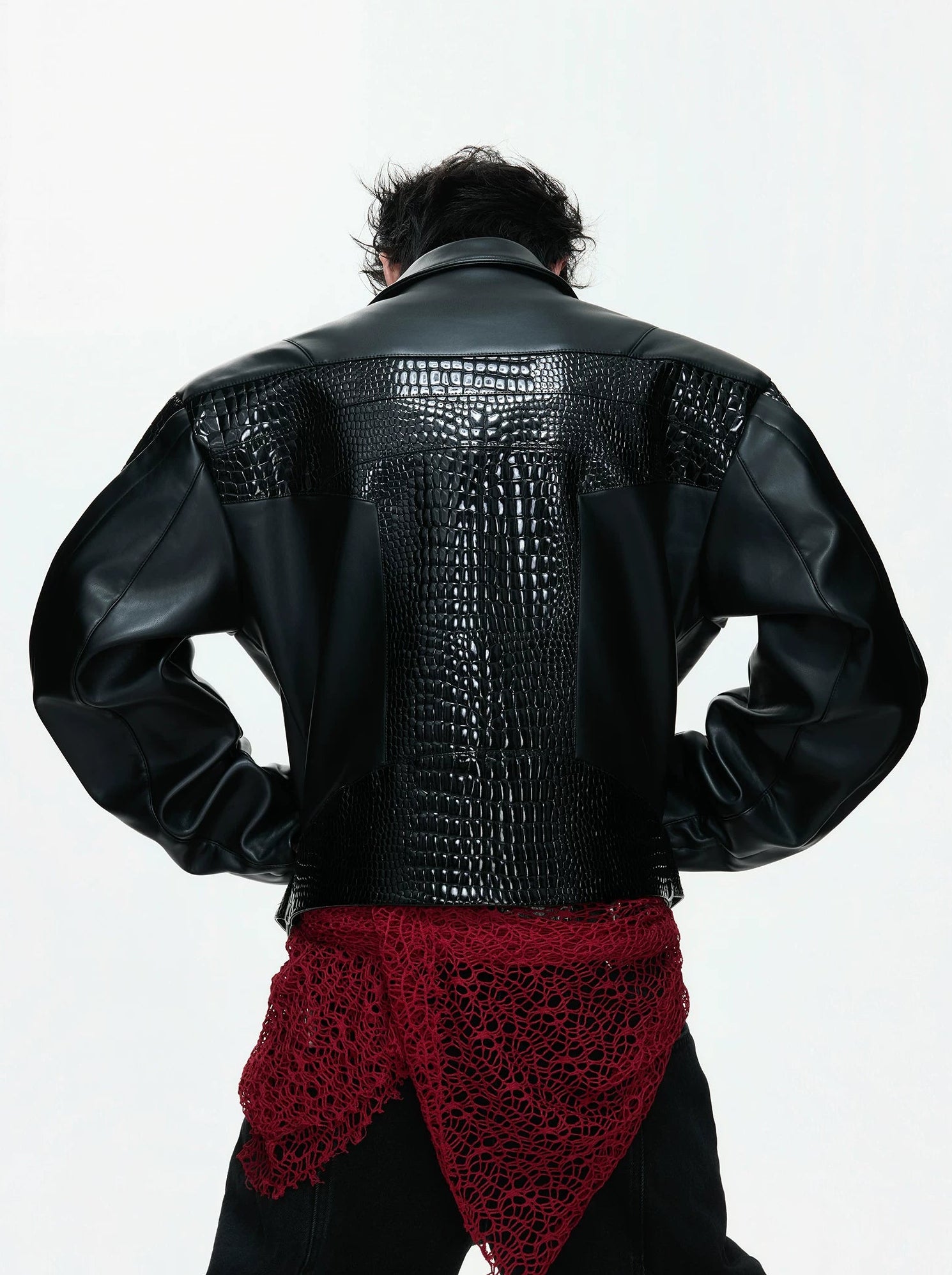 【26s Feb.】Deconstructed Croc-Embossed Asymmetric Zip Leather Jacket