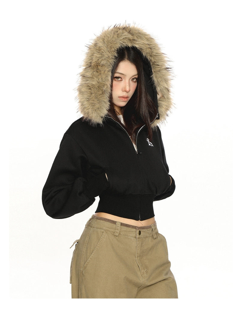 【25s Nov.】Detachable Fur Collar Hooded Short Jacket