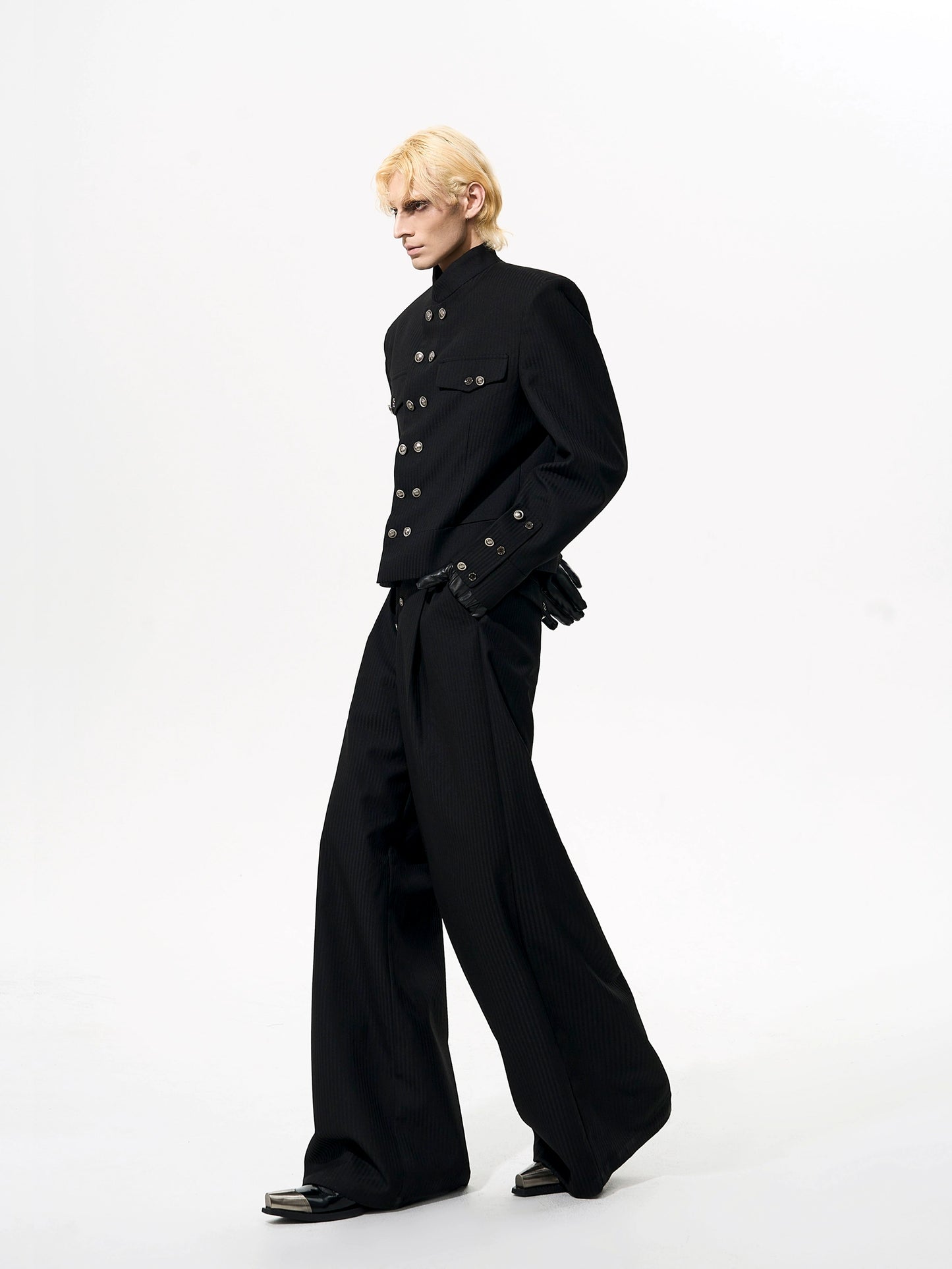 【25s Nov.】Vertical Striped Double-breasted Stand-up Collar Jacket / Pants