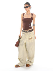 【25s May.】Grunge Wash Embroidered Wide Leg Jeans