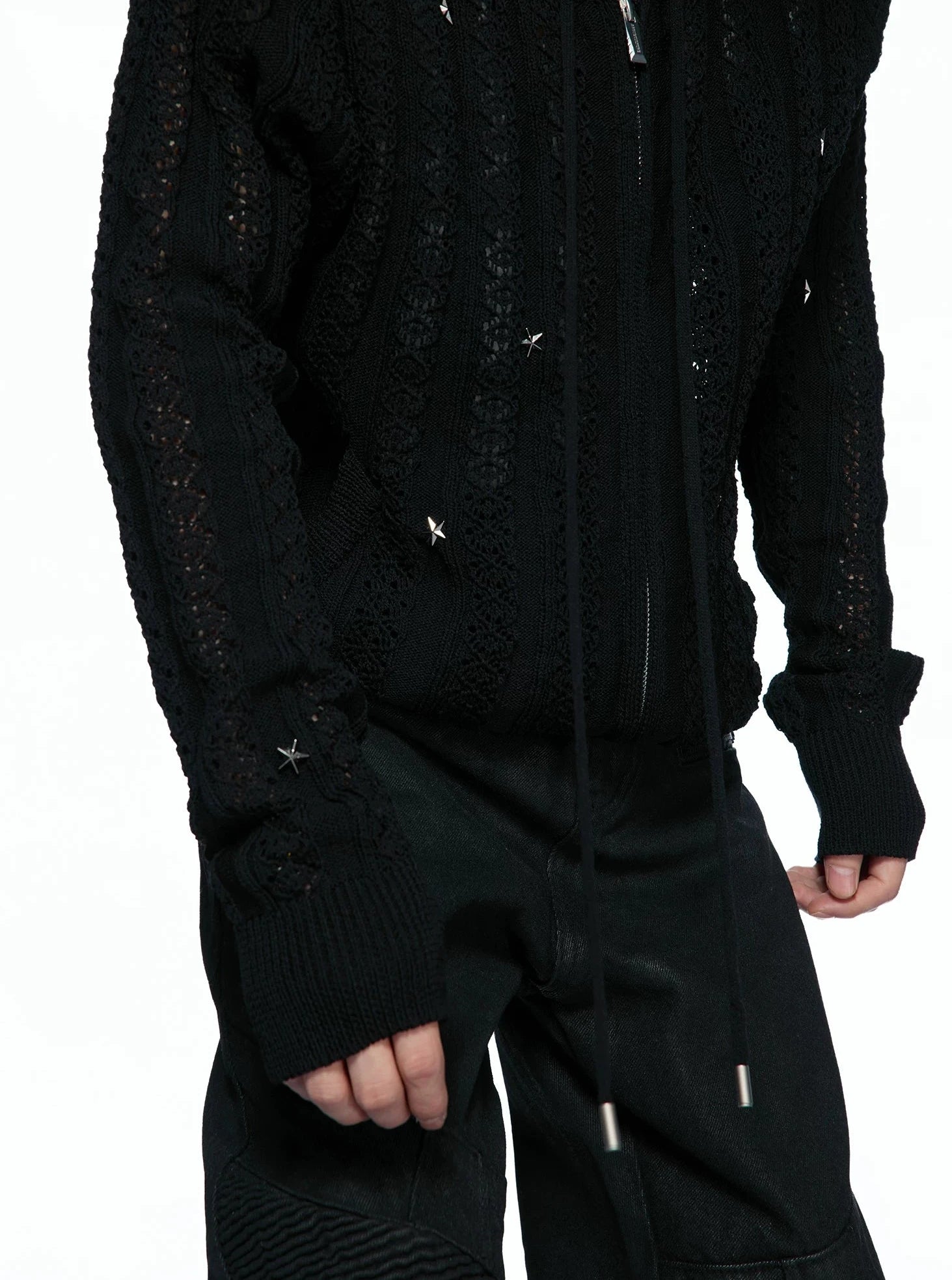 Slim Hollow-Out Star Studded Hooded Knit Zip Cardigan