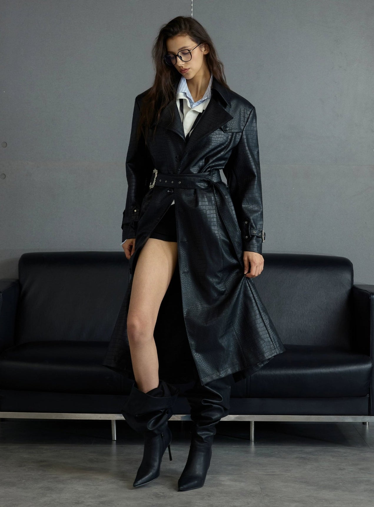 【25s Sep.】Deconstructed Crocodile-effect Metal Buttons Leather Coat