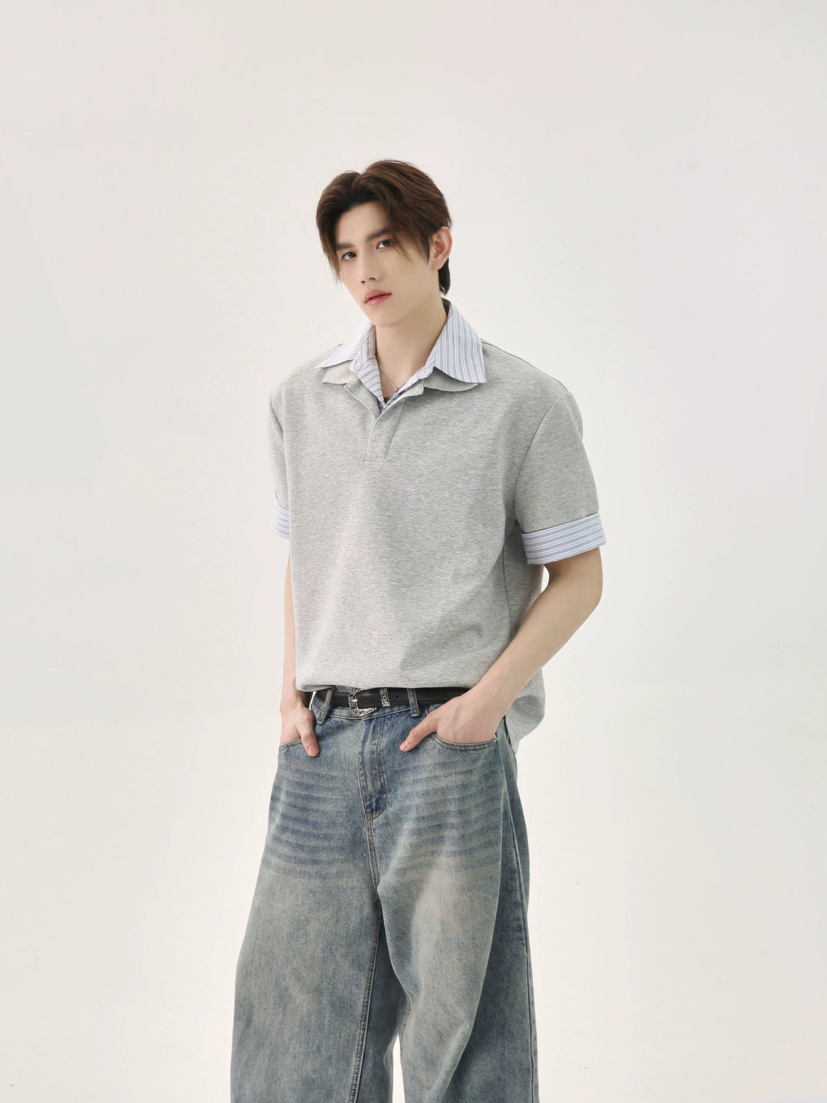 【25s Aug.】Patchwork Striped POLO Collar Shirt T-Shirt