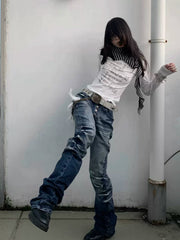 Ice Blue Cracked Washed Curved Denim Jeans