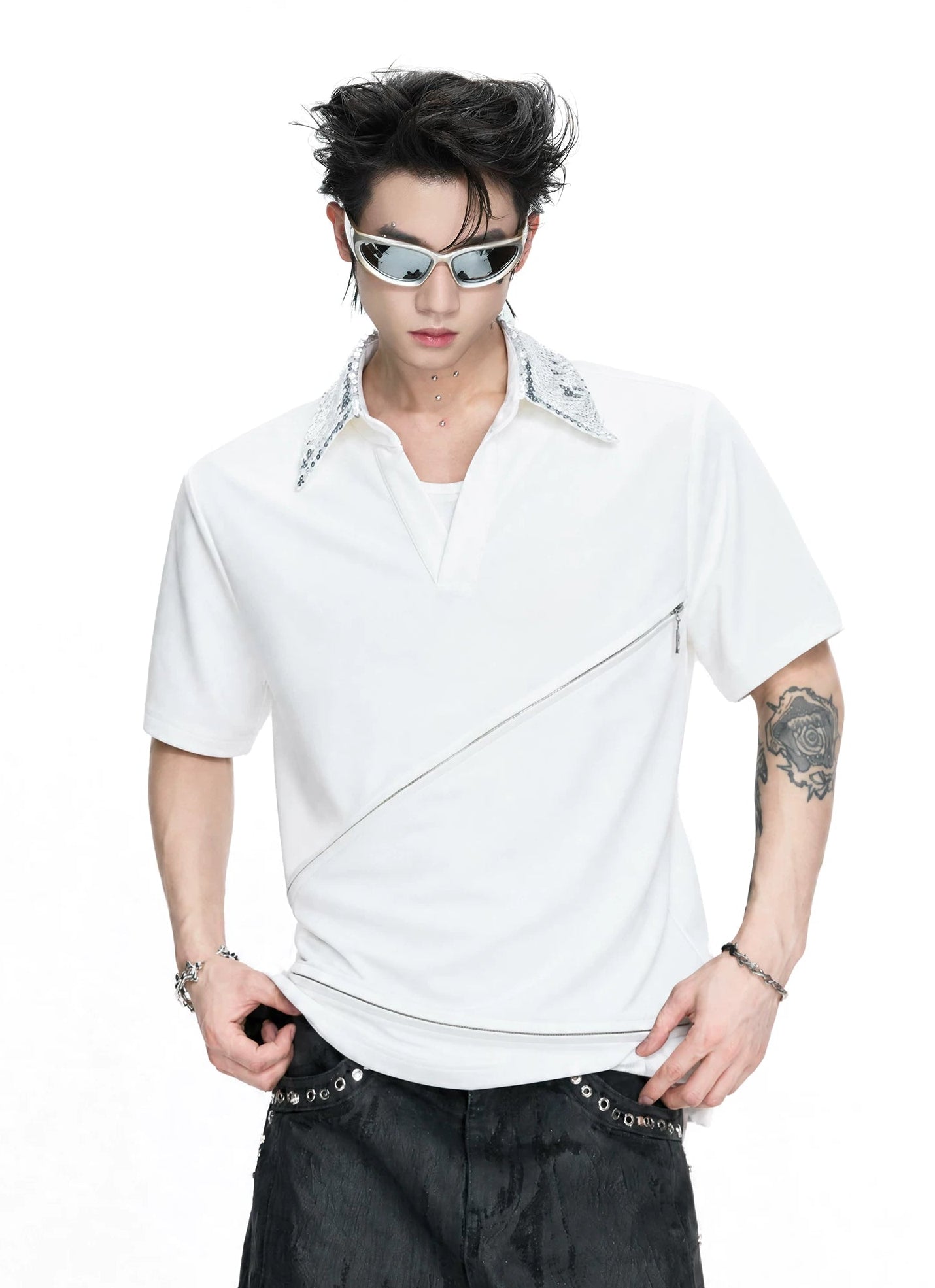 Asymmetric Zip Sequin Polo Tee
