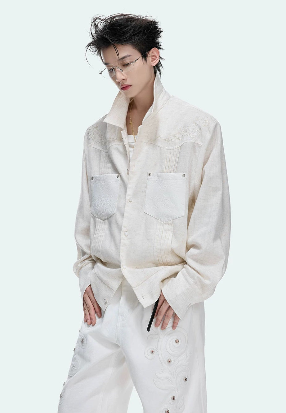 Floral Embroidered Linen Shirt Jacket