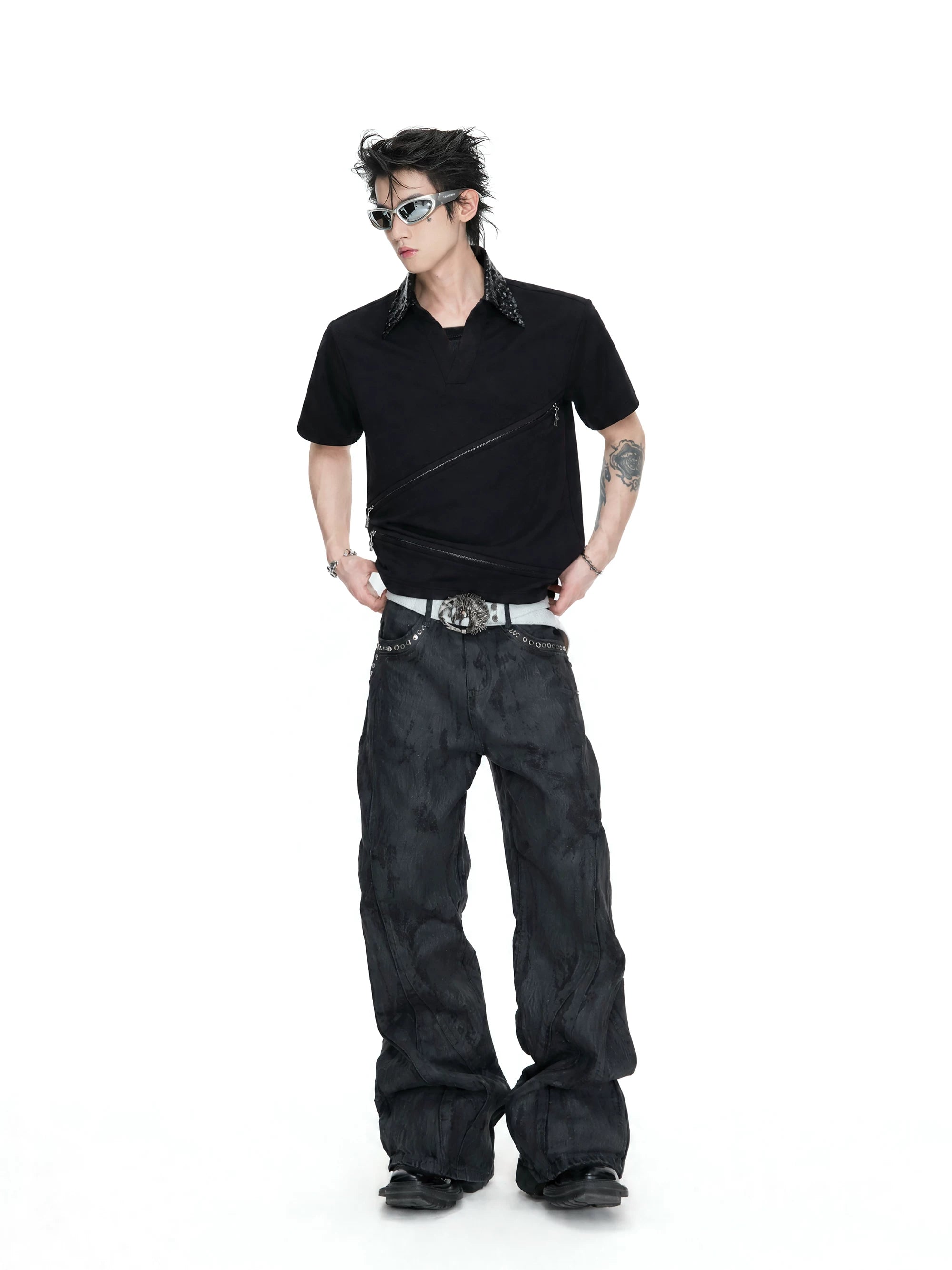 Asymmetric Zip Sequin Polo Tee