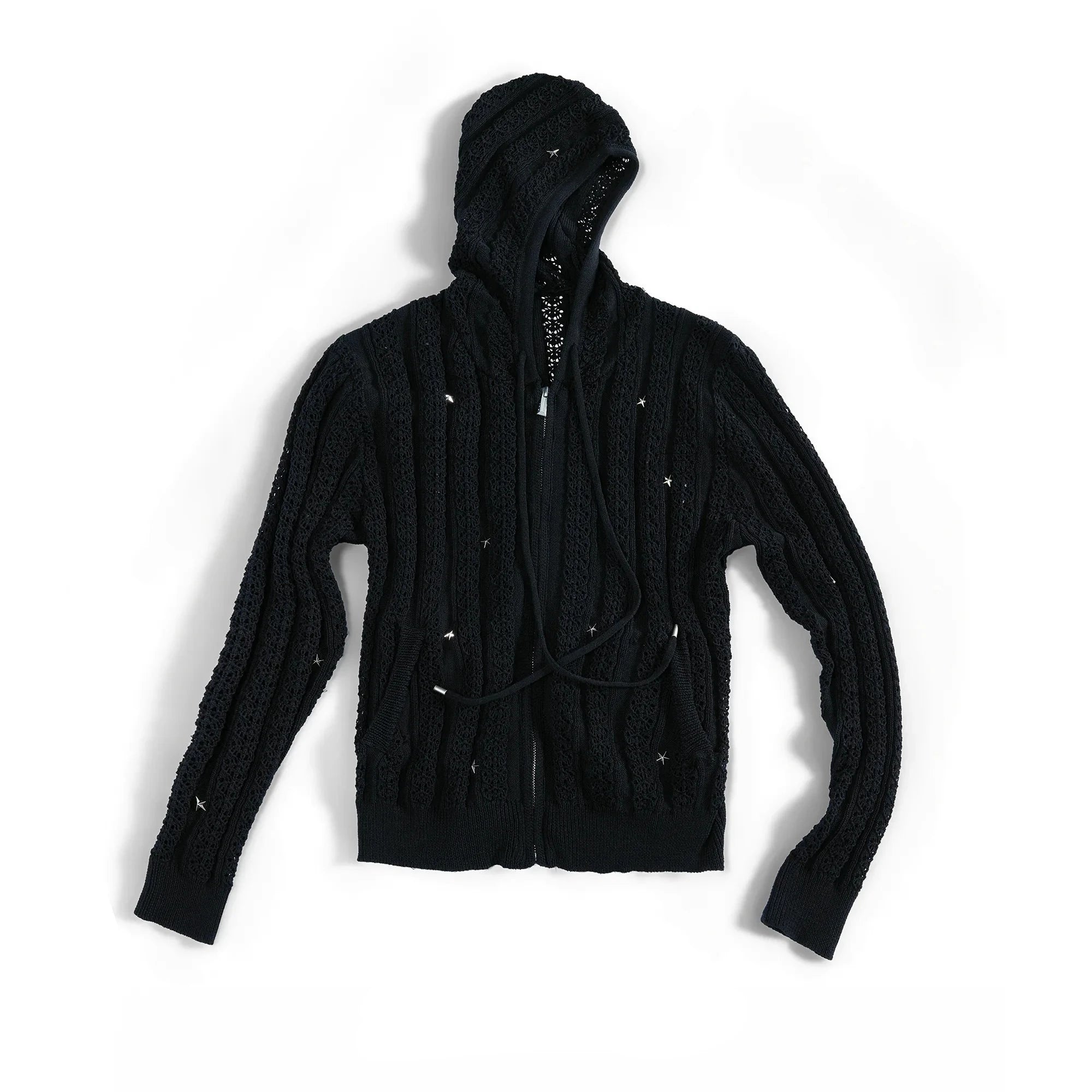 Slim Hollow-Out Star Studded Hooded Knit Zip Cardigan