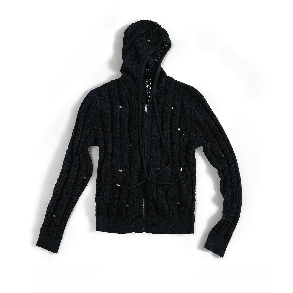 Slim Hollow-Out Star Studded Hooded Knit Zip Cardigan