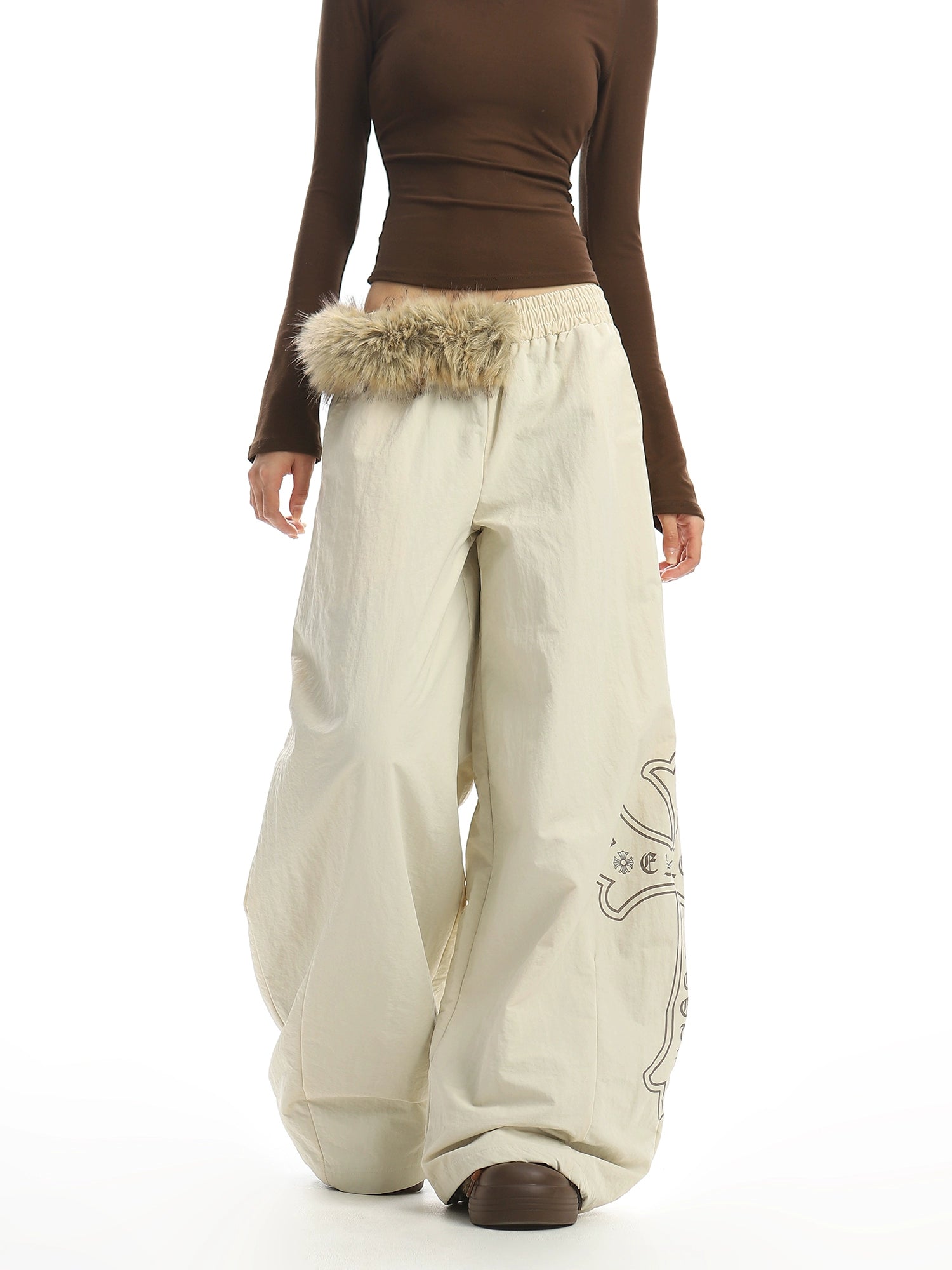 【25s Dec.】Fur Collar Printed Fleece-lined Curved Trousers