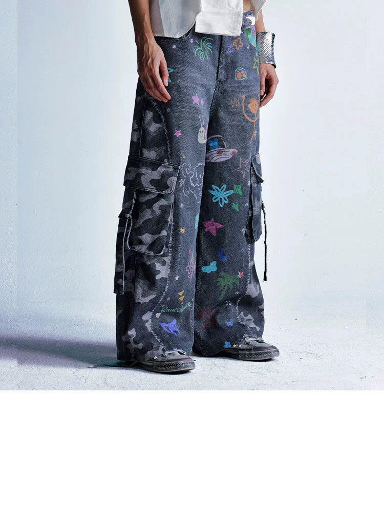 【25s Aug.】Vintage Cartoon Graffiti Camouflage Patchwork Jeans
